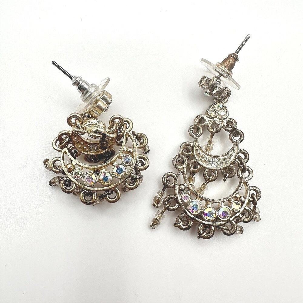 Vintage 90s Crystal Seed Beads Crescent Moon Earrings Gold Tone Jewelry